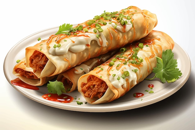 Homemade Mexican Beef Taquitos with Cilantro and Salsachicken and chili sauce closeup on table