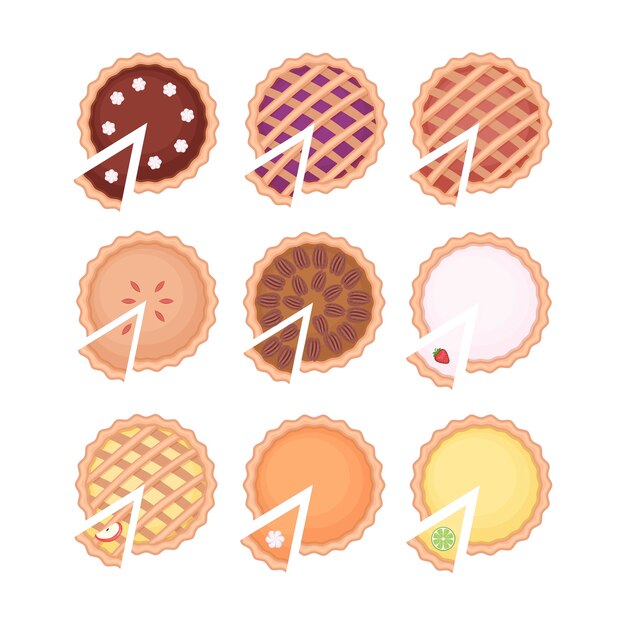 Vector homemade pieand pie slice set with different fruit filling. flat  illustration isolated on white background. top view.