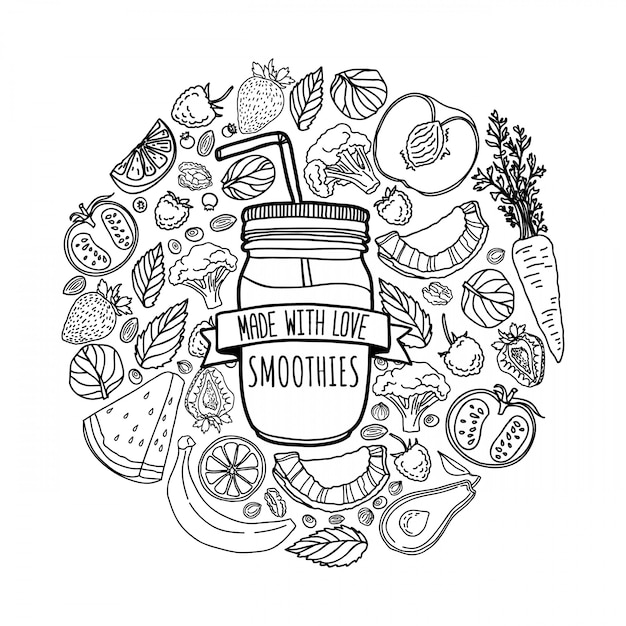 homemade smoothie  design with silhouette smoothie jar and and ingredients  decoration with fruits, vegetables and herbs in line style