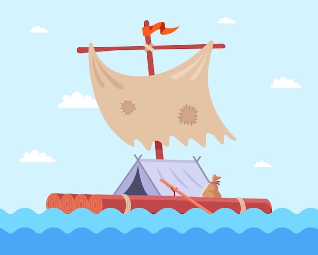 Homemade wooden raft shipwreck survivor. flat vector illustration.