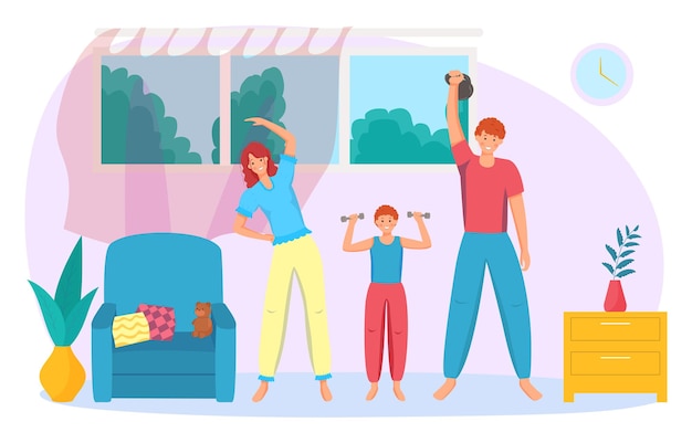 Домашняя тренировка веселая семья мать отец и сын персонаж вместе физическая активность плоская векторная иллюстрация изолирована на белом