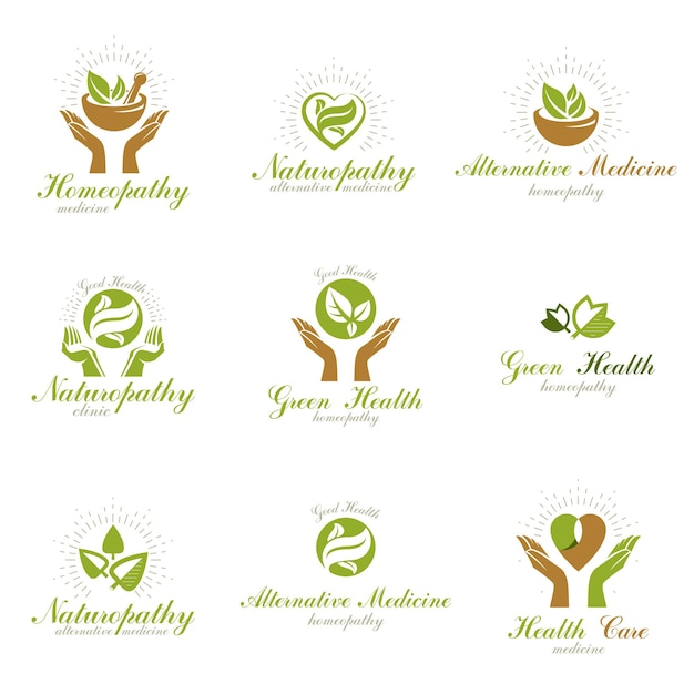 Homeopathy creative symbols collection. Alternative medicine conceptual vector emblems created using green leaves, heart shapes, religious crosses and caring hands.