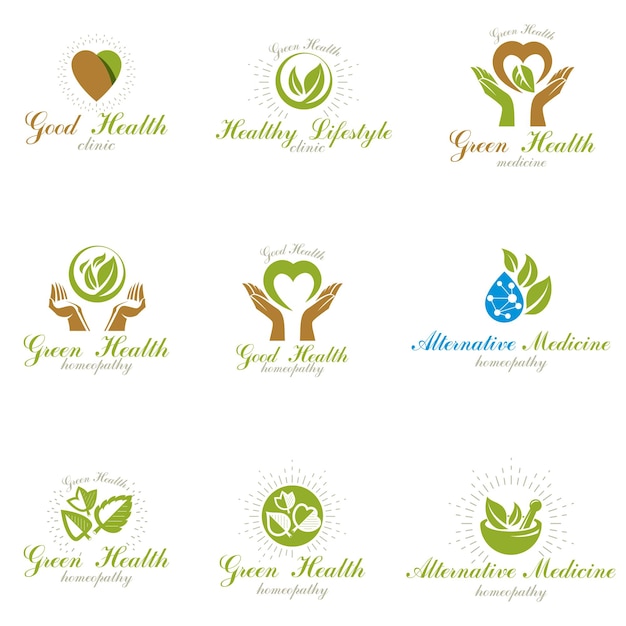 Homeopathy creative symbols collection. Alternative medicine conceptual vector emblems created using green leaves, heart shapes, religious crosses and caring hands.