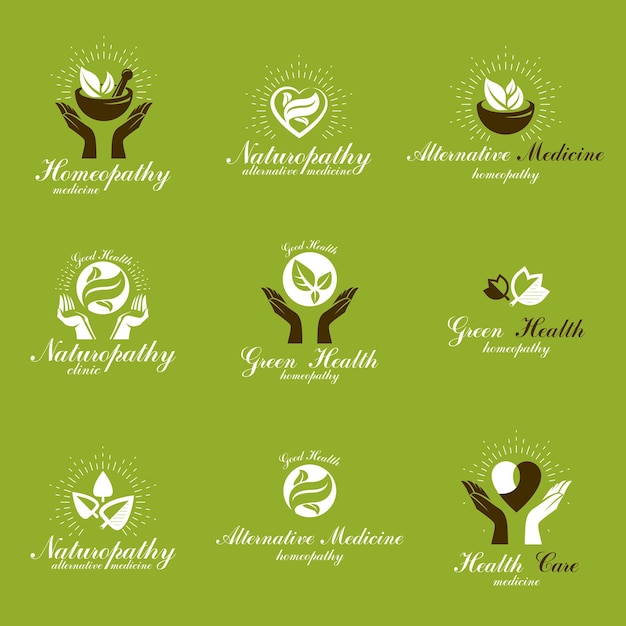 Ristabilire la salute emblemi vettoriali concettuali creati utilizzando foglie verdi, forme di cuore, croci religiose e mani premurose.