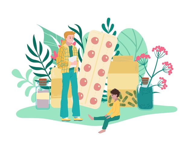 Homeopathy, medicines from plants, father and son use herbal medical treatment, healthy care,    illustration. Alternative medicine, bio pharmacy, pharmaceutical therapy, herb.