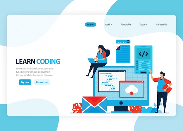 Homepage per l'apprendimento della programmazione e della codifica. sviluppo di applicazioni con un semplice linguaggio di programmazione. illustrazione piatta