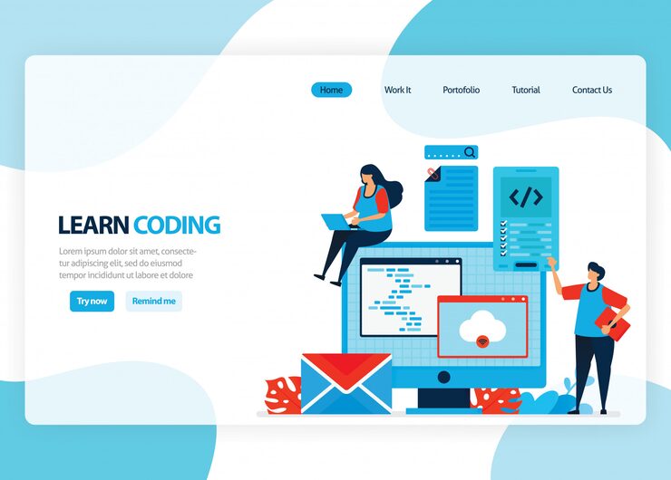 Vector homepage for learning programming and coding. application development with a simple programming language. flat illustration