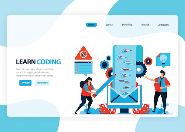 Homepage for learning programming and coding. application development with a simple programming language. flat illustration