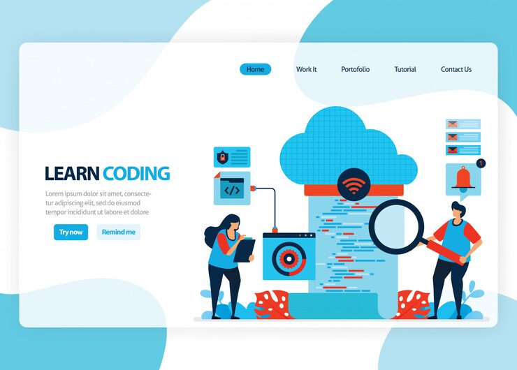 Vector homepage for learning programming and coding. application development with a simple programming language. flat illustration