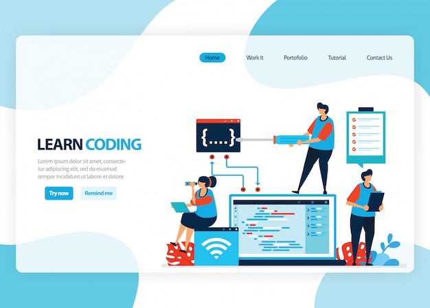 Vector homepage for learning programming and coding. application development with a simple programming language. flat illustration