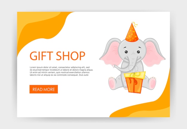 Homepage template for your site with cute elephant. Cartoon style. Vector illustration.