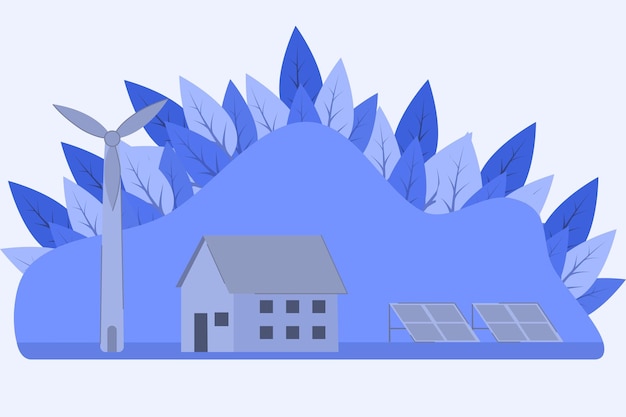 Case, pannelli solari e turbine eoliche. eco house, casa a risparmio energetico, banner di concetto di energia verde d