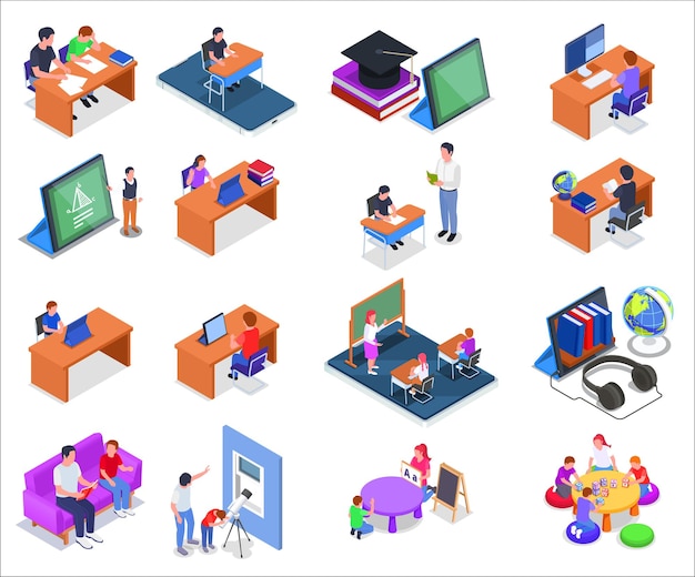 Vector homeschooling 3d isometric icons set with online classes and parents teaching their children isolated vector illustration