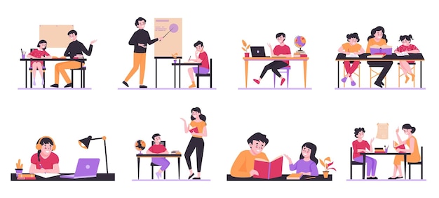 Vector homeschooling color set with isolated icons characters of tutors with children at desk with books laptops vector illustration