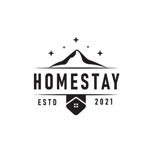 Homestay cabin logo emblem vector illustration with cabin and mountains silhouettes