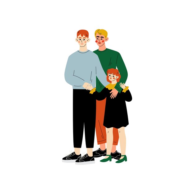 Vector homo familie twee mannen en hun dochter staan samen gelukkige homoseksuele familie met kind vector illustratie op witte achtergrond