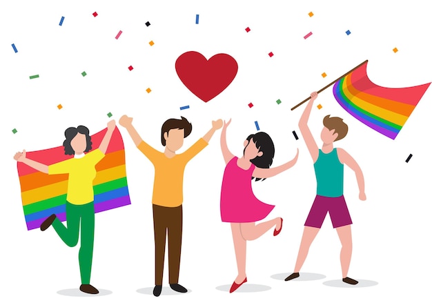 Vector homo's en lesbiennes paar minnaar met regenboog platte trots dag lgbt gemeenschap mensen vrijheid viering collectie gratis vector