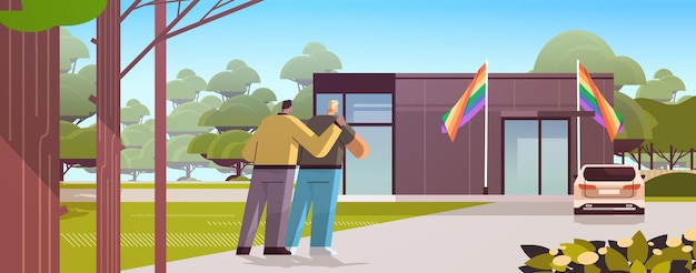 Homopaar knuffelen en kijken naar nieuw modulair huis met regenboogvlaggen transgender liefde lgbt-gemeenschap