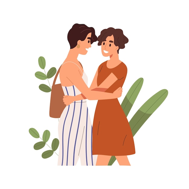 Homosexual couple of loving and cuddling women. Lesbian characters embracing. Scene of romantic relationships and date. Flat vector cartoon illustration of hugging girlfriends isolated on white.