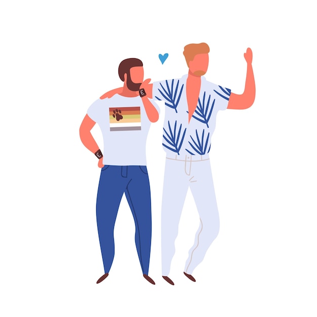 Vector homosexual couple on pride parade isolated on white. two men hugging. same sex parners walking together. lgbtq activists on demonstration. vector illustration in flat cartoon style.