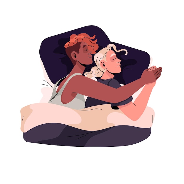ベクトル ホモセクシュアルカップルが夜に寝る 寝ているlgbtの人が抱きしめベッドでリラックス リラックスしたパートナーが枕に横たわって昼寝 可愛い関係トップビュー 白い背景のフラット隔離ベクトルイラスト