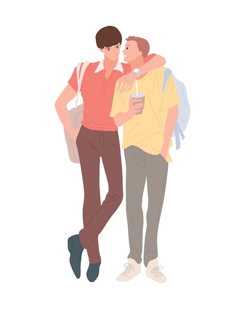 Vector homosexual male couple two men walk embracing smiling in flat style enamored young men feeling love