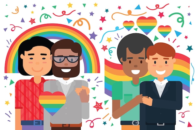 Vector homosexual male couples happy hugging over pride rainbow background, cartoon smiling diverse man in love. gay rights protection and love freedom concept, flat vector illustration