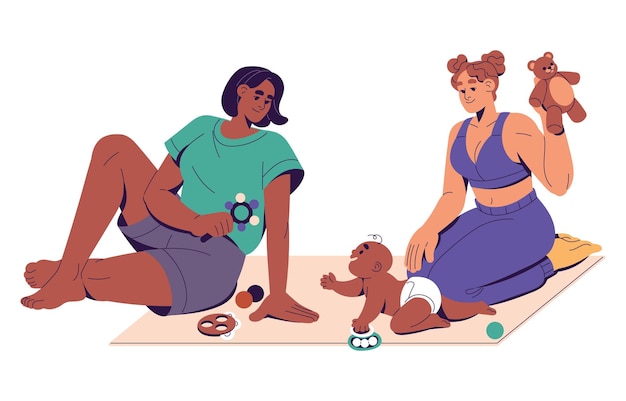 Homosexual mothers care about baby together Lesbian moms sit on floor play with kid with toys Happy newborn crawls Interracial lgbt family with infant Flat isolated vector illustration on white