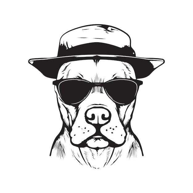 Hond amerikaanse staffordshireterriër in zonnebrillen en hoed vector concept digitale kunst hand getekende illustratie