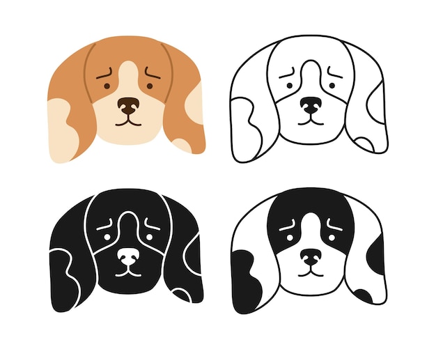 Hond beagle gezichten cartoon tekenset puppy kinderachtig symbool snuit lijn doodle pictogram hondje huisdier