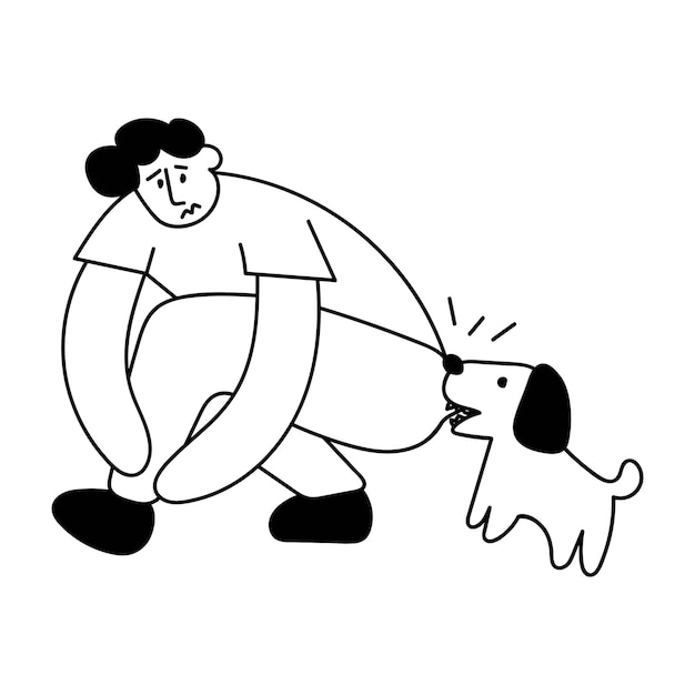 Hond bijt een man. Overzicht pictogram vectorillustratie op witte achtergrond.