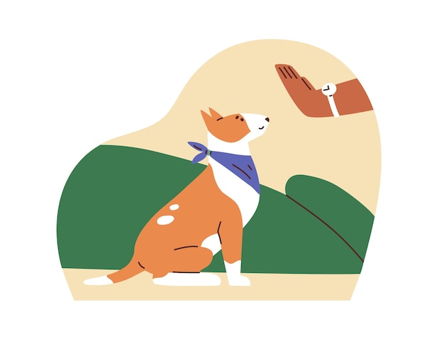 Hond die gehoorzaamt aan trainers zit op bevel Hondeninstructeur die met de hand een signaal geeft aan getrainde puppy Cynoloog die hondje onderwijst Kleurige platte vectorillustratie van huisdier en eigenaar geïsoleerd op witte achtergrond