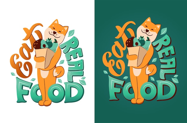 Hond en belettering zin - eet echt voedsel. de cartooneske akita houdt een papieren zak met groenten en fruit vast.