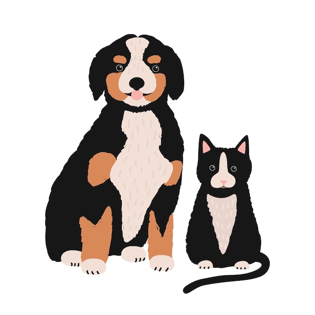 Vector hond en kat geïsoleerd op een witte achtergrond. leuke grappige puppy en kitten die samen zitten. paar mooie cartoon huisdieren of huisdieren. plat kleurrijke hand getekende vectorillustratie in trendy stijl.