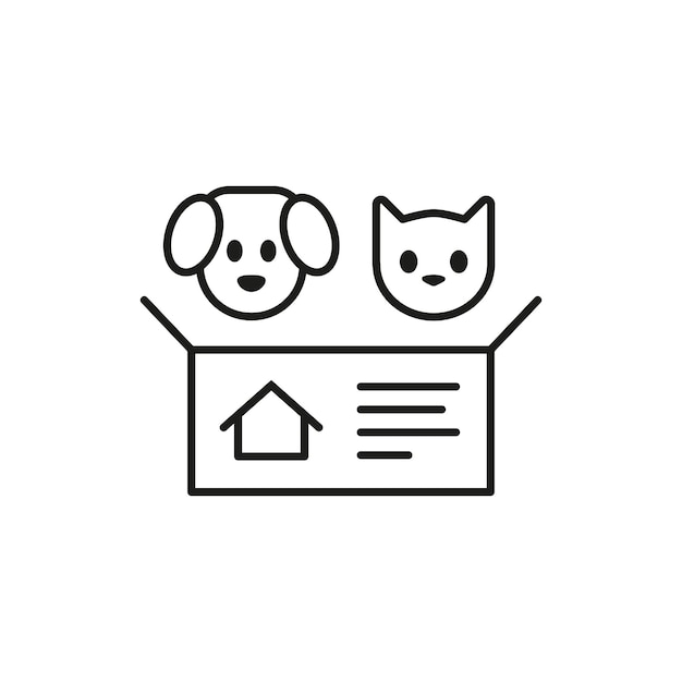 Hond en kat in doos pictogram vectorillustratie Adoptionon huisdier geïsoleerde achtergrond Hond en kat op zoek naar nieuw huis teken concept