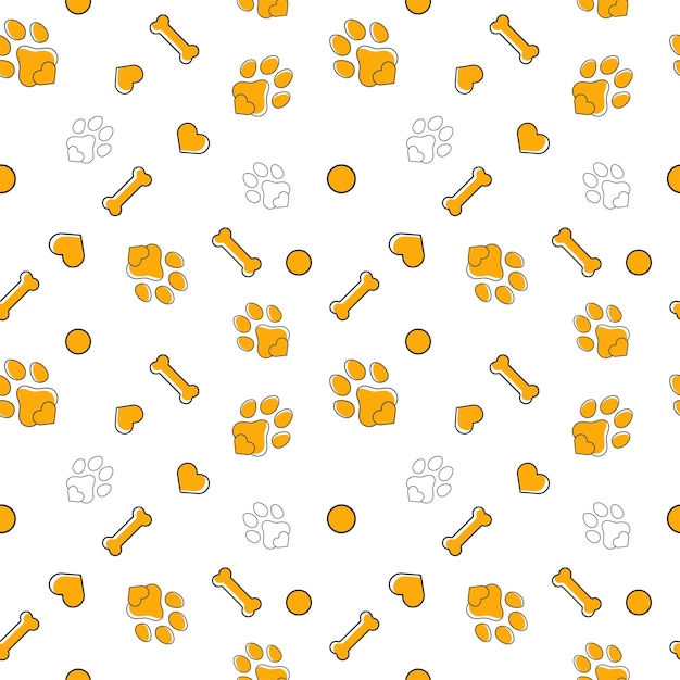 Vector hond en kat poot hart naadloze patroon botten en voet, hart en polka dot prints patroon achtergrond
