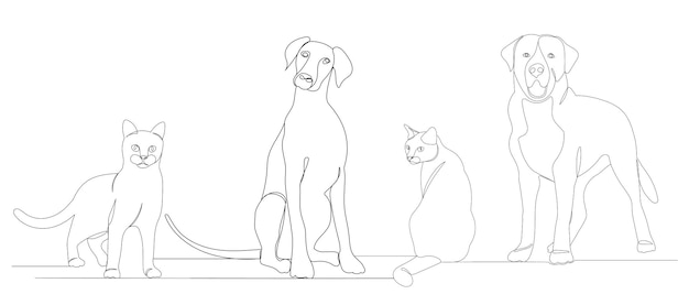 Hond en kat tekenen in één doorlopende lijn geïsoleerde vector