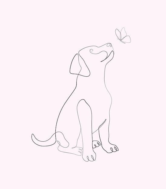 Hond en vlinder één lijntekening tekenen