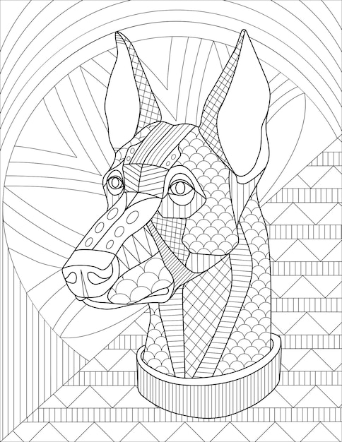 Hond gezicht lijntekening met geometrische details en patroon achtergrond kleurboek