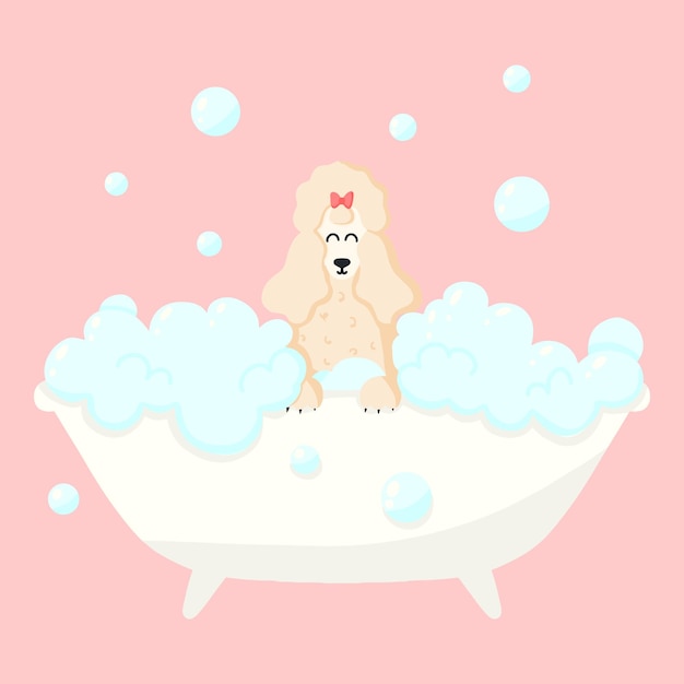 Hond in een bubbelbad Verzorging van huisdieren De hond wassen in de badkamer Vectorillustratie in cartoonstijl