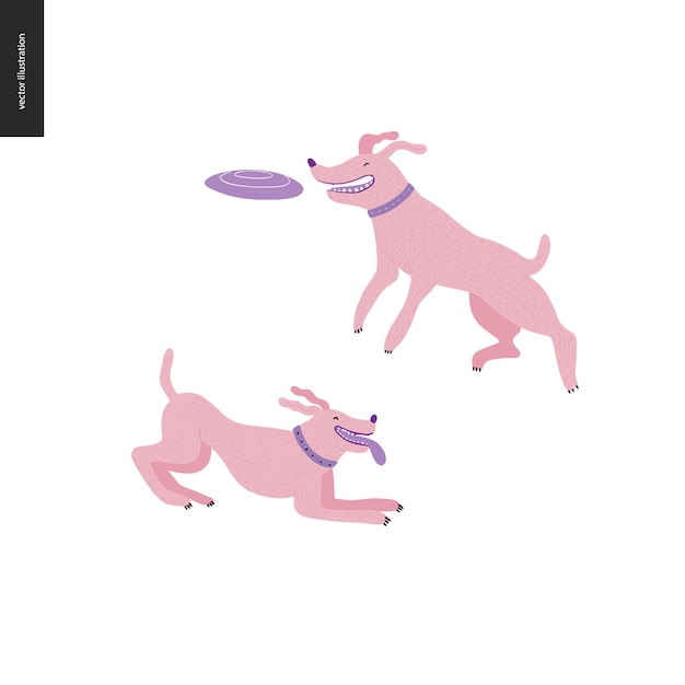 Hond in het park - vlakke vectorconceptenillustratie van twee honden met kragen. de een springt in de lucht en probeert een vliegende schijf te vangen. een andere is met zijn tong spelen.