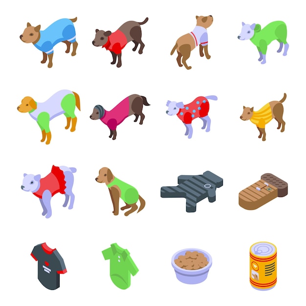 Hond kleding pictogrammen instellen. isometrische set van hondenkleding vector iconen voor webdesign geïsoleerd op een witte achtergrond