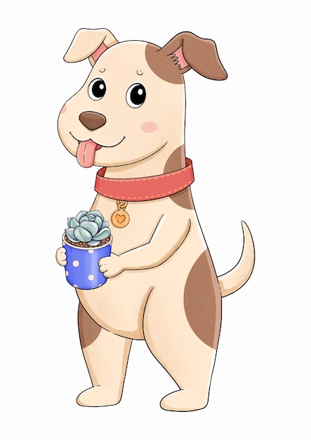 Hond met blauwe bloempot en sappige vectorillustratie