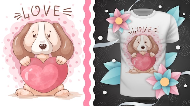 Hond met hart ontwerp illustratie voor print t-shirt