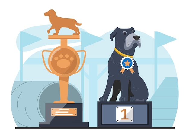 Hond met prijsconcept Gouden standbeeld met beste puppy Huisdier en huisdier met trofee Beloning en prestatie Hond bij wedstrijden en toernooien Cartoon platte vector illustratie