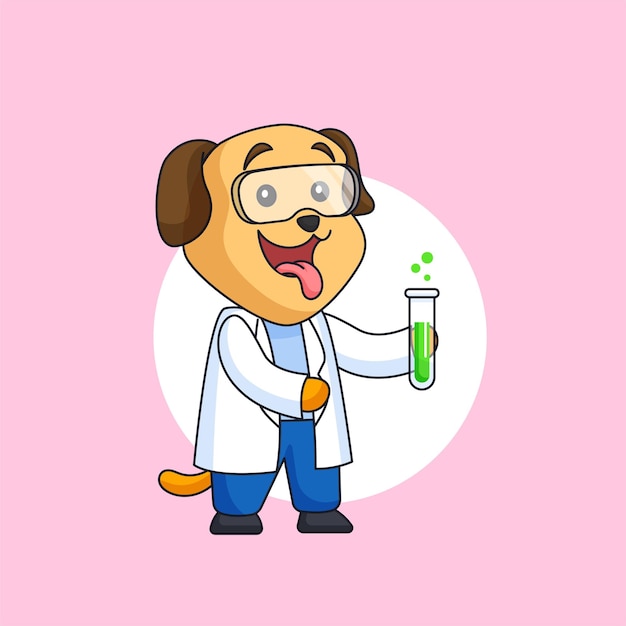 Hond met witte jas en bril met groene chemische vloeibare vectorillustratie voor wetenschapper