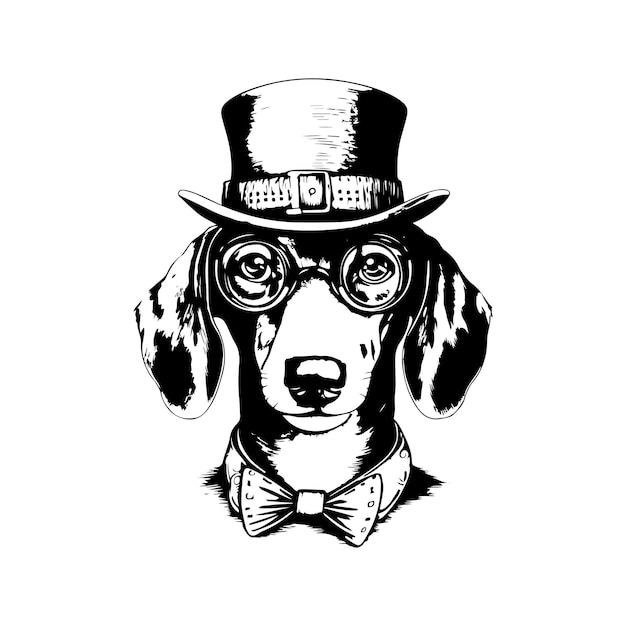 Hond teckel dragen bril en hoge hoed vintage logo lijntekeningen concept zwart-witte kleur hand getekende illustratie