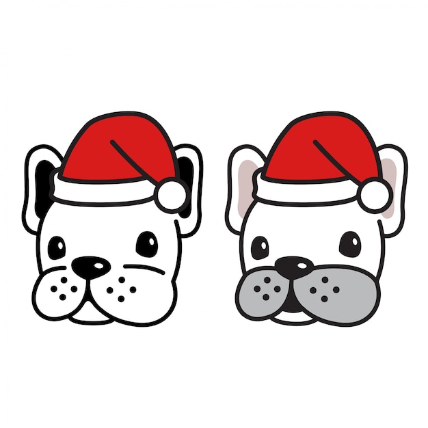 Hond vector franse bulldog hoofd kerst kerstman hoed