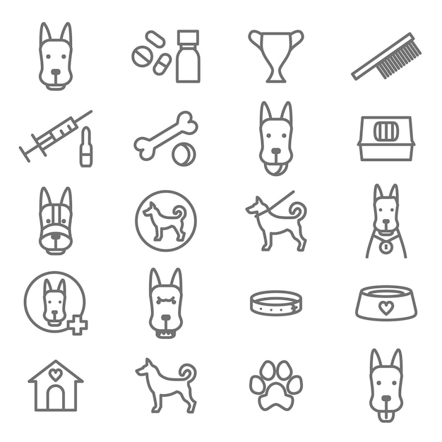 Honden en puppy zwarte dunne lijn icon set vector