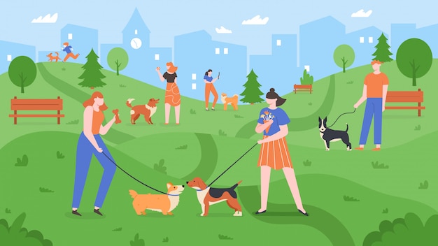 Honden in het park. Huisdieren spelen in hondenpark, mensen lopen en spelen met honden in de buiten tuin, stedelijke hond park landschap kleurrijke illustratie. Eigenaren van gezelschapsdieren trainen puppy's en wandelen samen